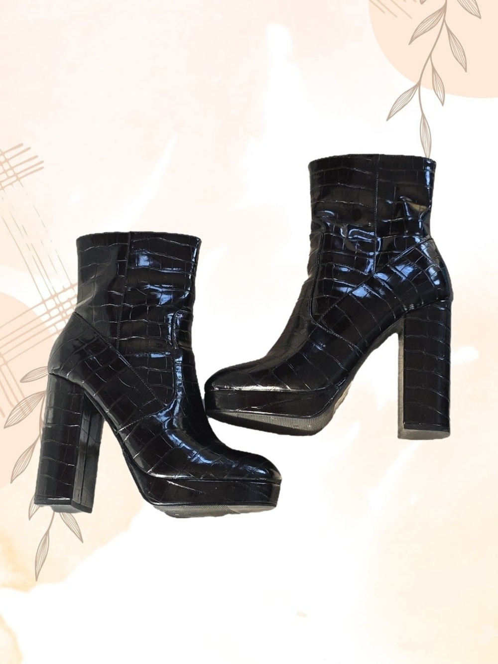 Forever 21 Black Croc-Embossed Platform High Heel Ankle Boots